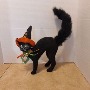 Annalee 2007 Halloween Black Scaredy Cat Black Orange Hat Stars Bell And Bow 8"
